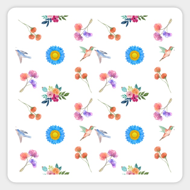 Hummingbirds and garden flowers seamless pattern Sticker by Stephen